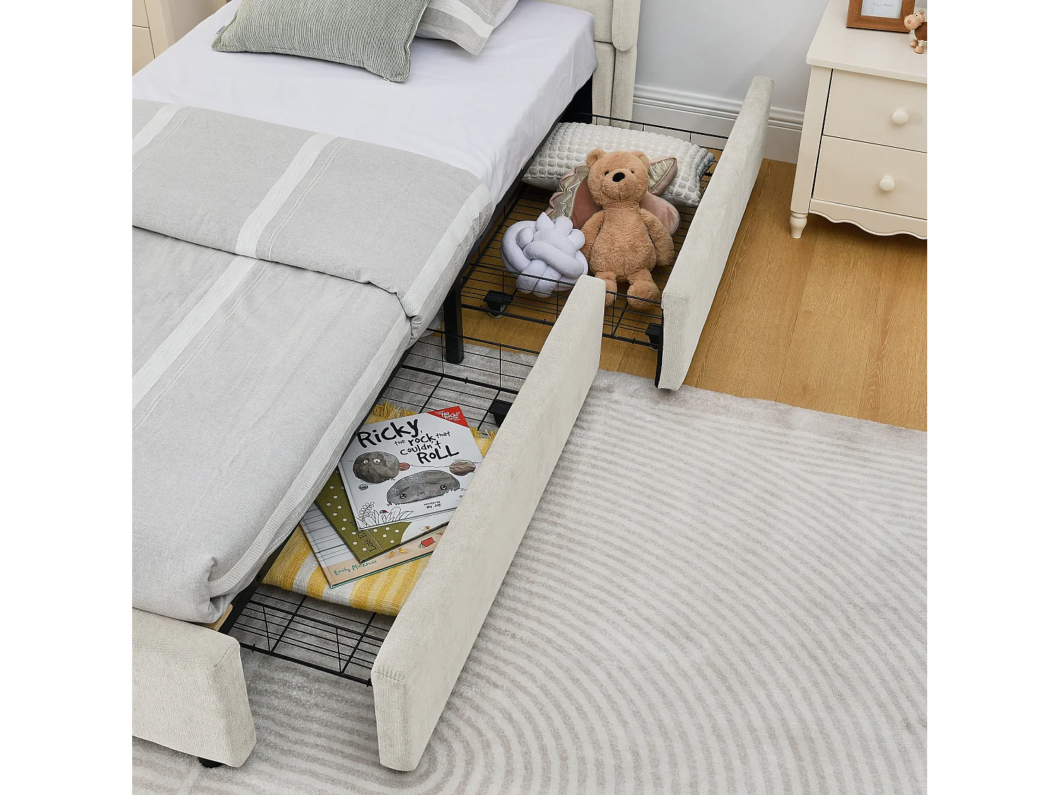 Cama infantil de 90 x 200 cm Cama juvenil con 2 cajones y somier de láminas - chenilla beige (sin colchón)