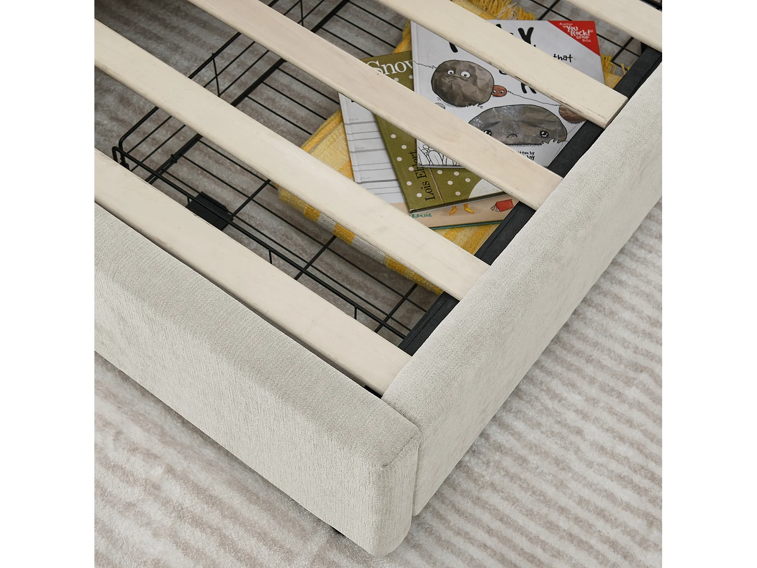 Cama infantil de 90 x 200 cm Cama juvenil con 2 cajones y somier de láminas - chenilla beige (sin colchón)