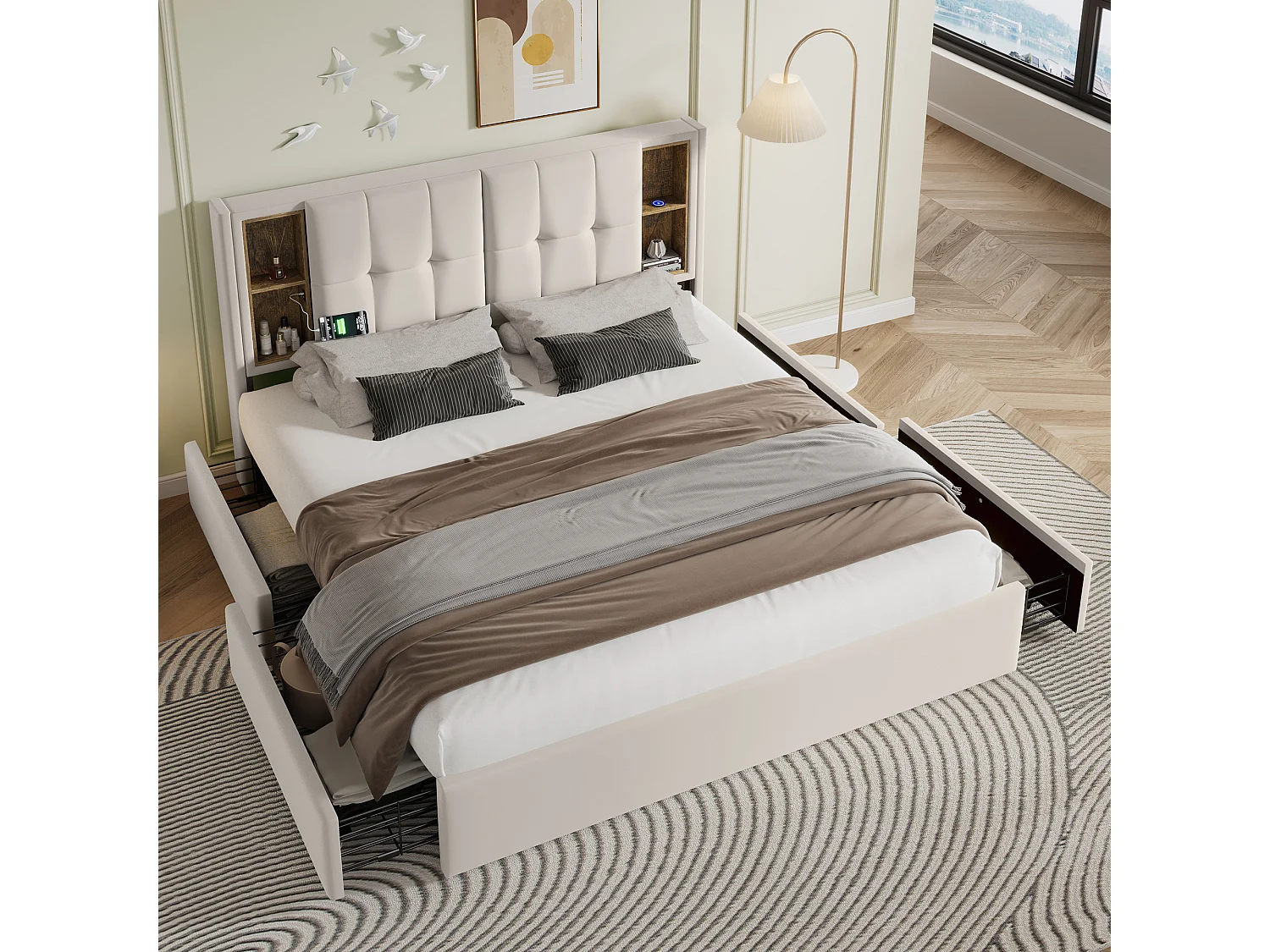 Erwachsenenbett 160x200 cm mit kabelloser Ladefunktion und USB-Anschlüssen, 4 Schubladen – beiger Samt (ohne Matratze)