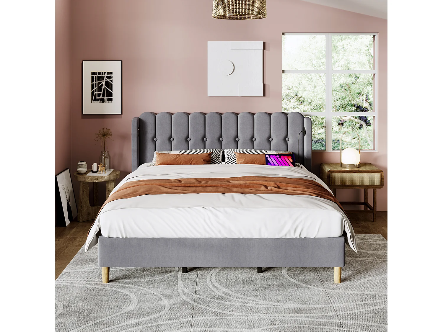 Lit adulte 180x200 cm - avec tête de lit et USB/Type-C - en lin - gris - sans matelas
