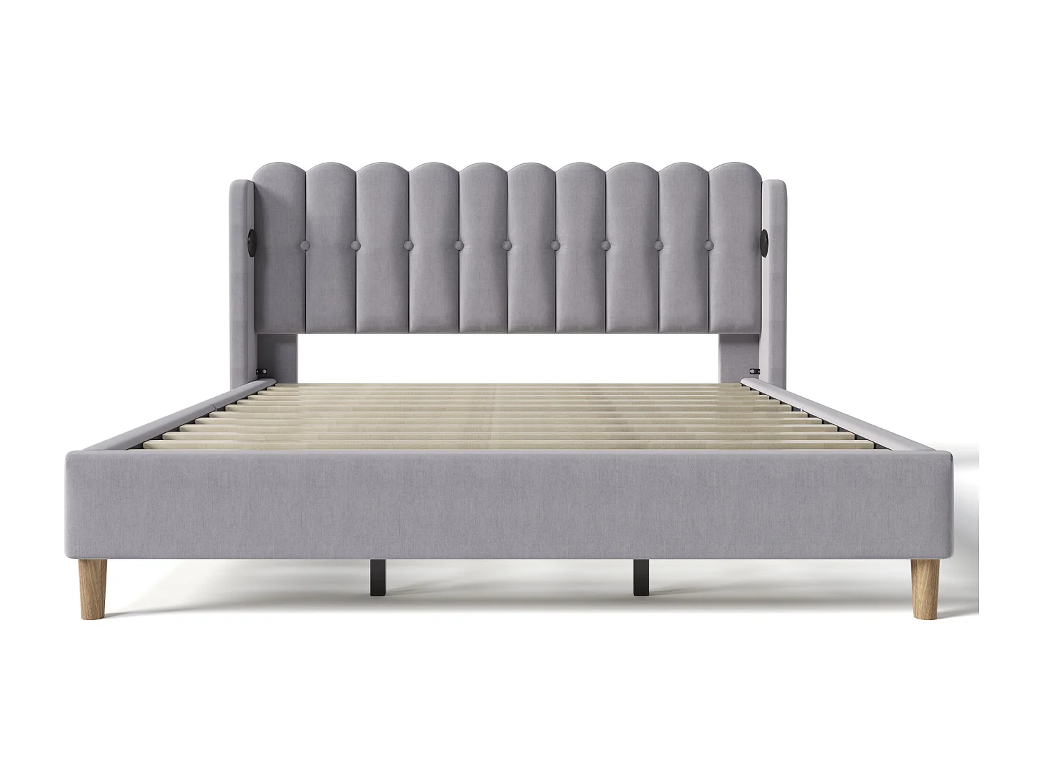 Lit adulte 180x200 cm - avec tête de lit et USB/Type-C - en lin - gris - sans matelas