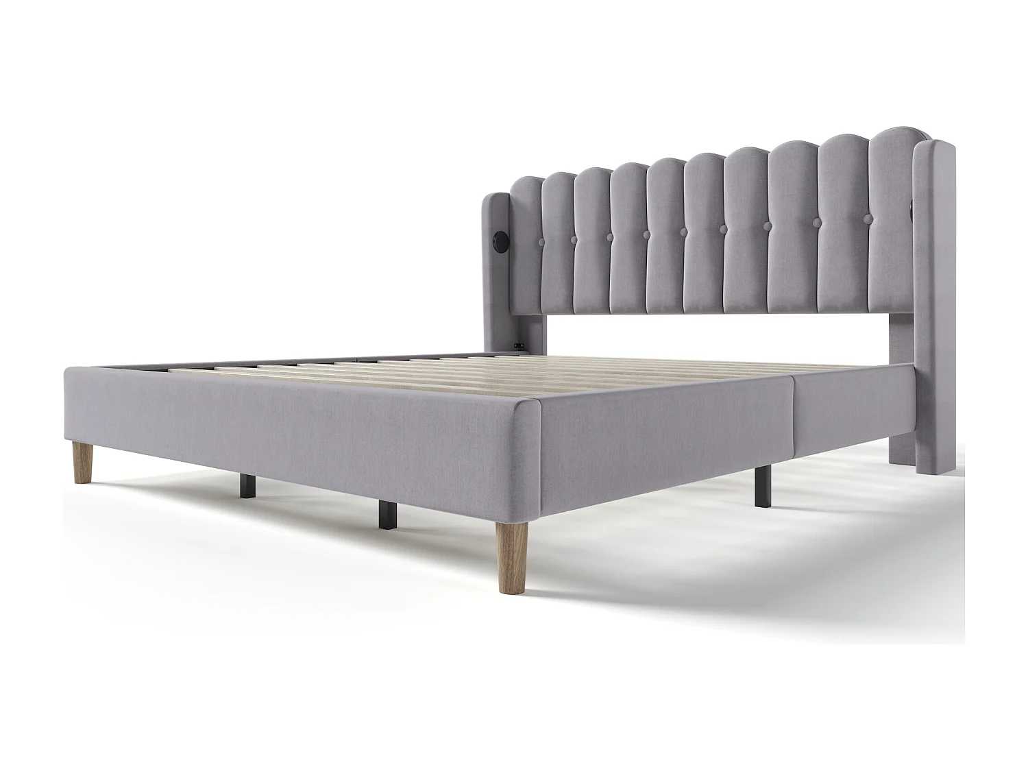 Lit adulte 180x200 cm - avec tête de lit et USB/Type-C - en lin - gris - sans matelas