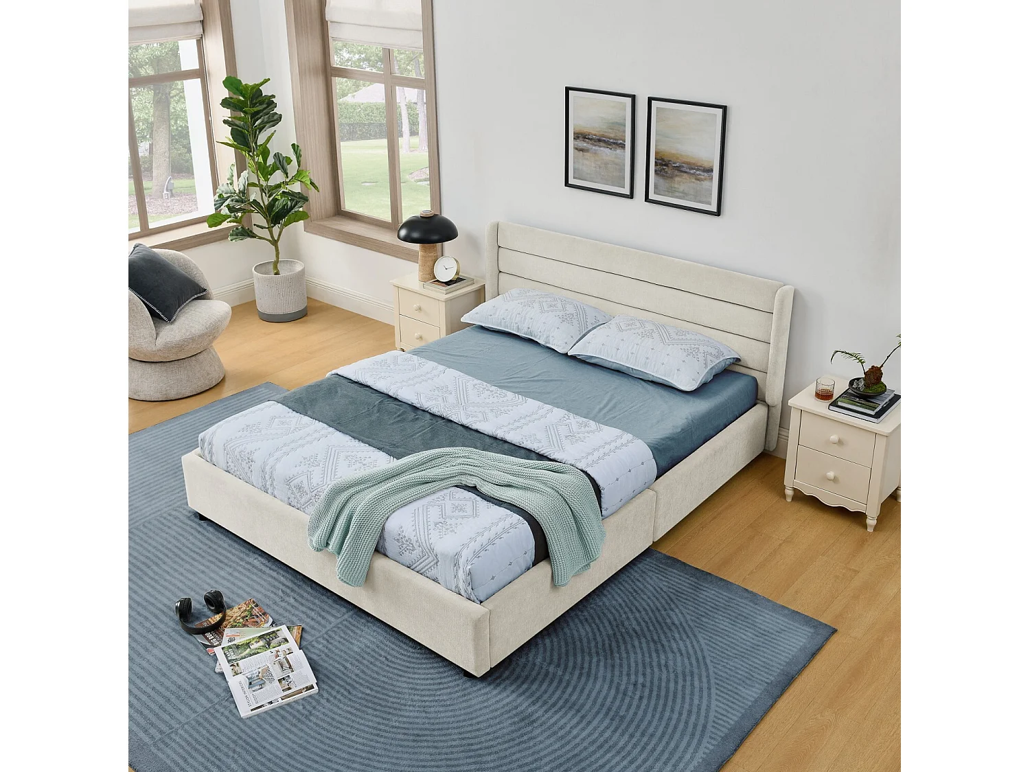 Cama adulto de 140 x 200 cm Cama doble con 4 cajones y somier de láminas - chenilla beige (sin colchón)