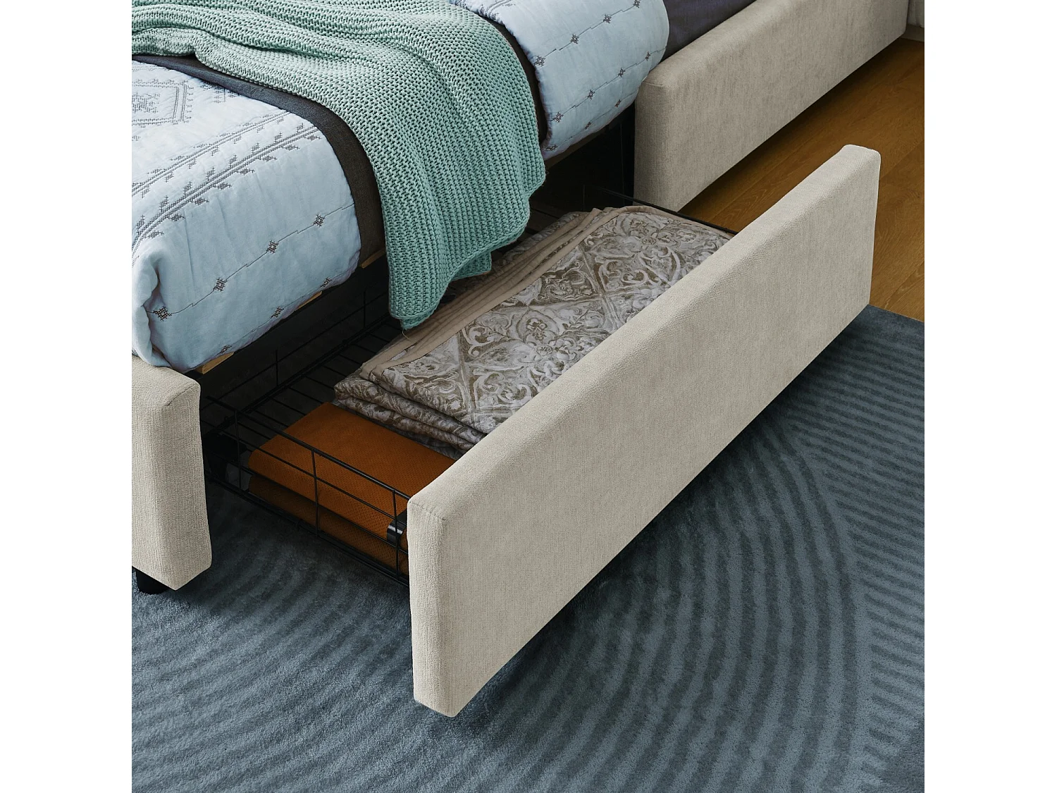 Cama adulto de 140 x 200 cm Cama doble con 4 cajones y somier de láminas - chenilla beige (sin colchón)