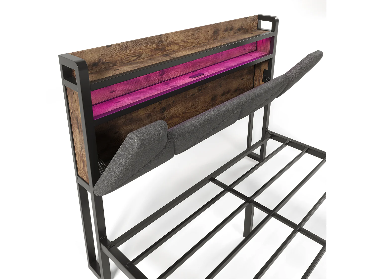 Lit adulte 140x200 - avec tête de lit rangement, USB/Type-C, LED, 2 tiroirs - en lin - gris - sans matelas