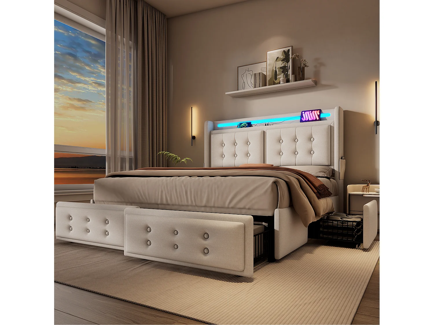 Lit adulte 180x200 cm Lit double avec LED et USB, 4 tiroirs de rangement - Coton beige (sans matelas)