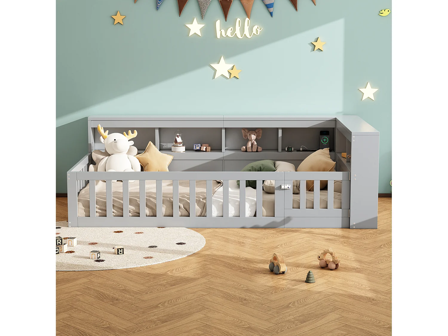 Kinderbed 90x200 cm, eenpersoonsbed met USB-aansluiting en stopcontacten, opbergplank - grijs (zonder matras)