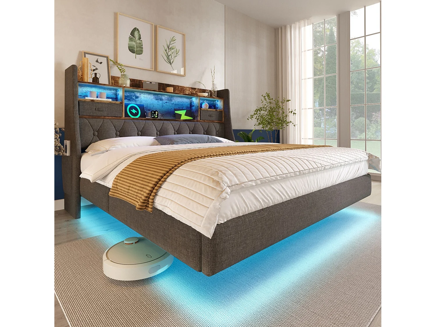 Lit adulte 160x200 cm Lit double avec LED et USB, rangement tête de lit - lin gris (sans matelas)