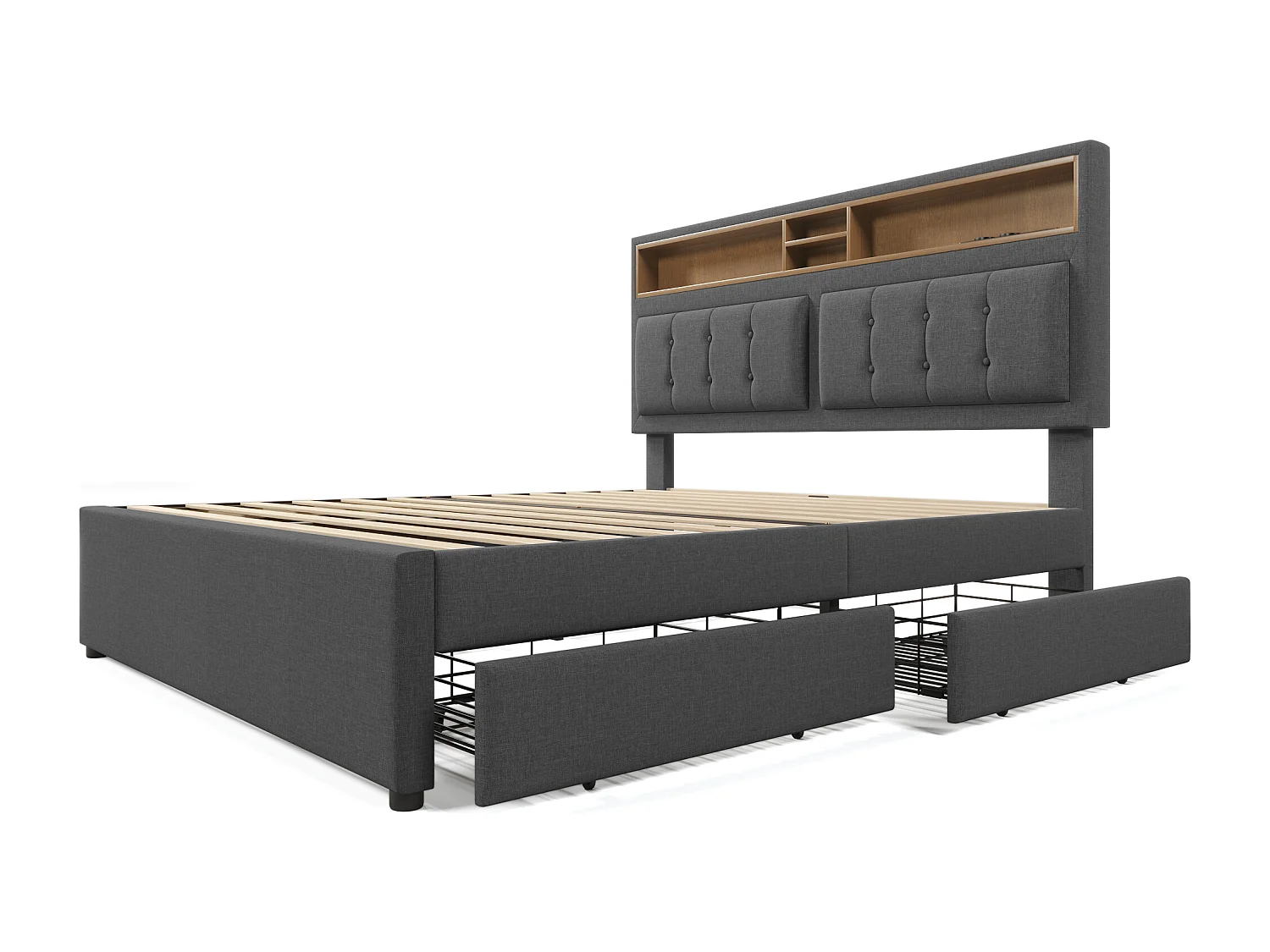 Lit adulte 160x200 - avec tête de lit avec rangement, 4 tiroirs, USB/Type-C, sommier à lattes - en lin - gris - matelas inclus