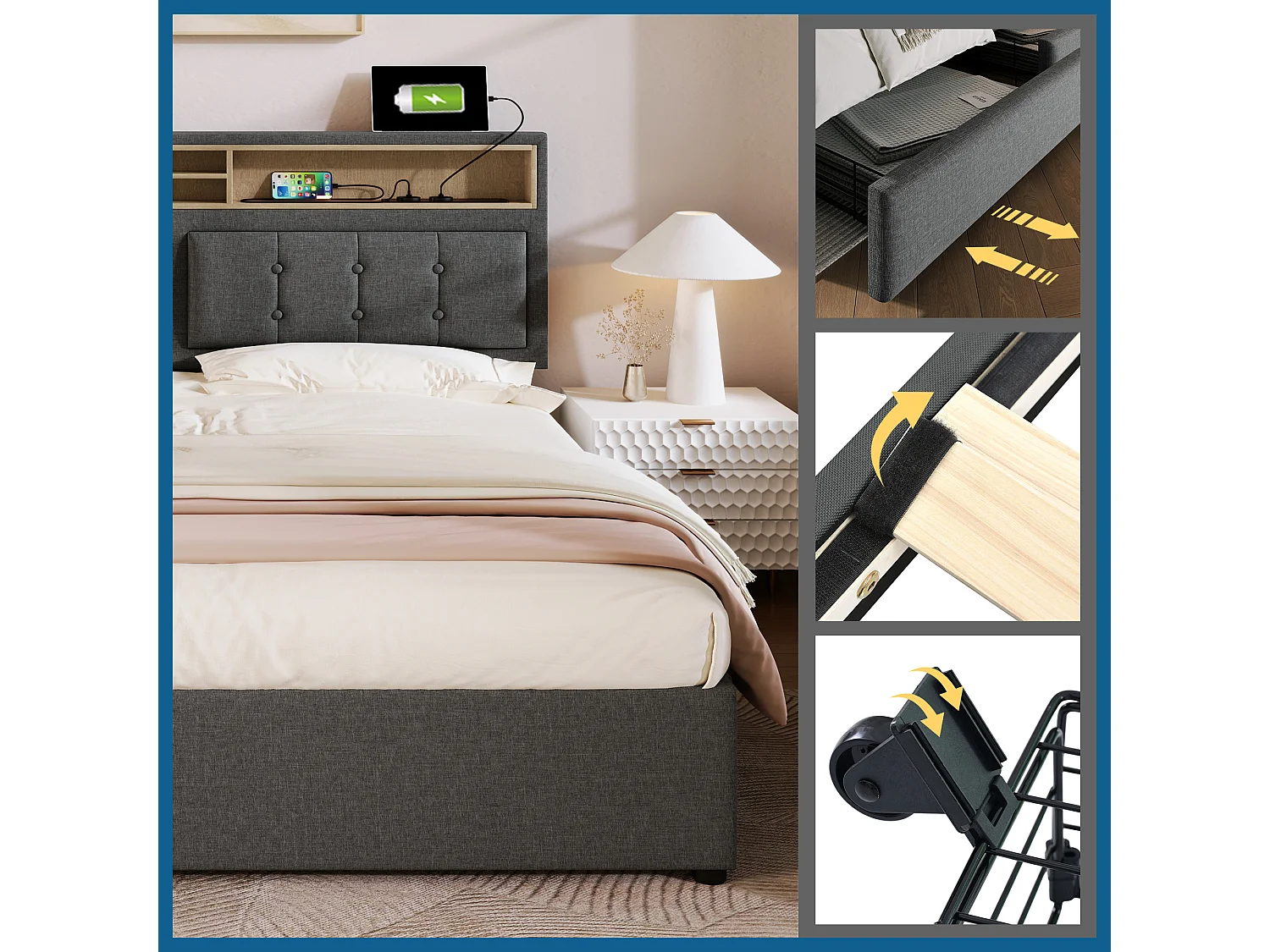 Lit adulte 140x200 - avec tête de lit avec rangement / 4 tiroirs / USB/Type-C - en lin - gris - matelas inclus