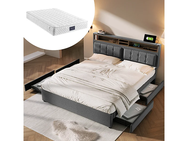 Lit adulte 140x200 - avec tête de lit avec rangement / 4 tiroirs / USB/Type-C - en lin - gris - matelas inclus