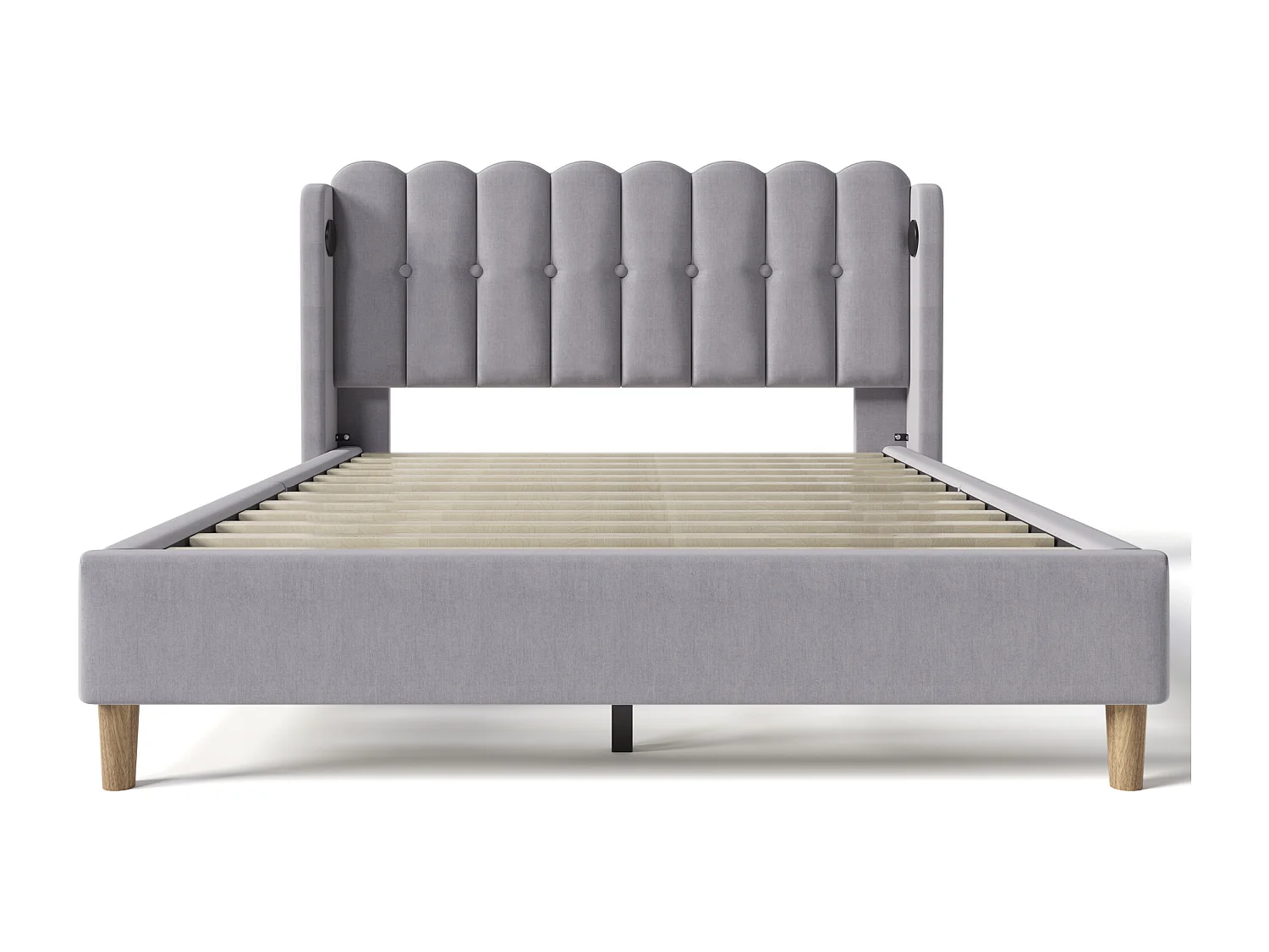 Lit adulte 140x200 cm - avec tête de lit, USB / Type-C - en lin - gris - sans matelas
