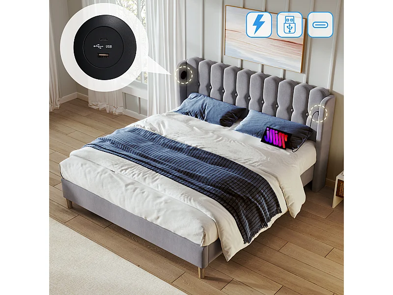 Lit adulte 140x200 cm - avec tête de lit, USB / Type-C - en lin - gris - sans matelas