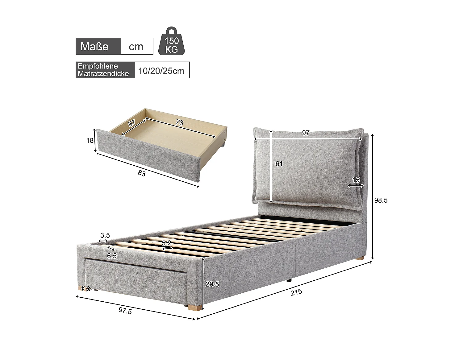 Cama infantil de 90x200 cm, cama individual con cabecero tapizado y somier de láminas, 1 cajón - chenilla gris (sin colchón)