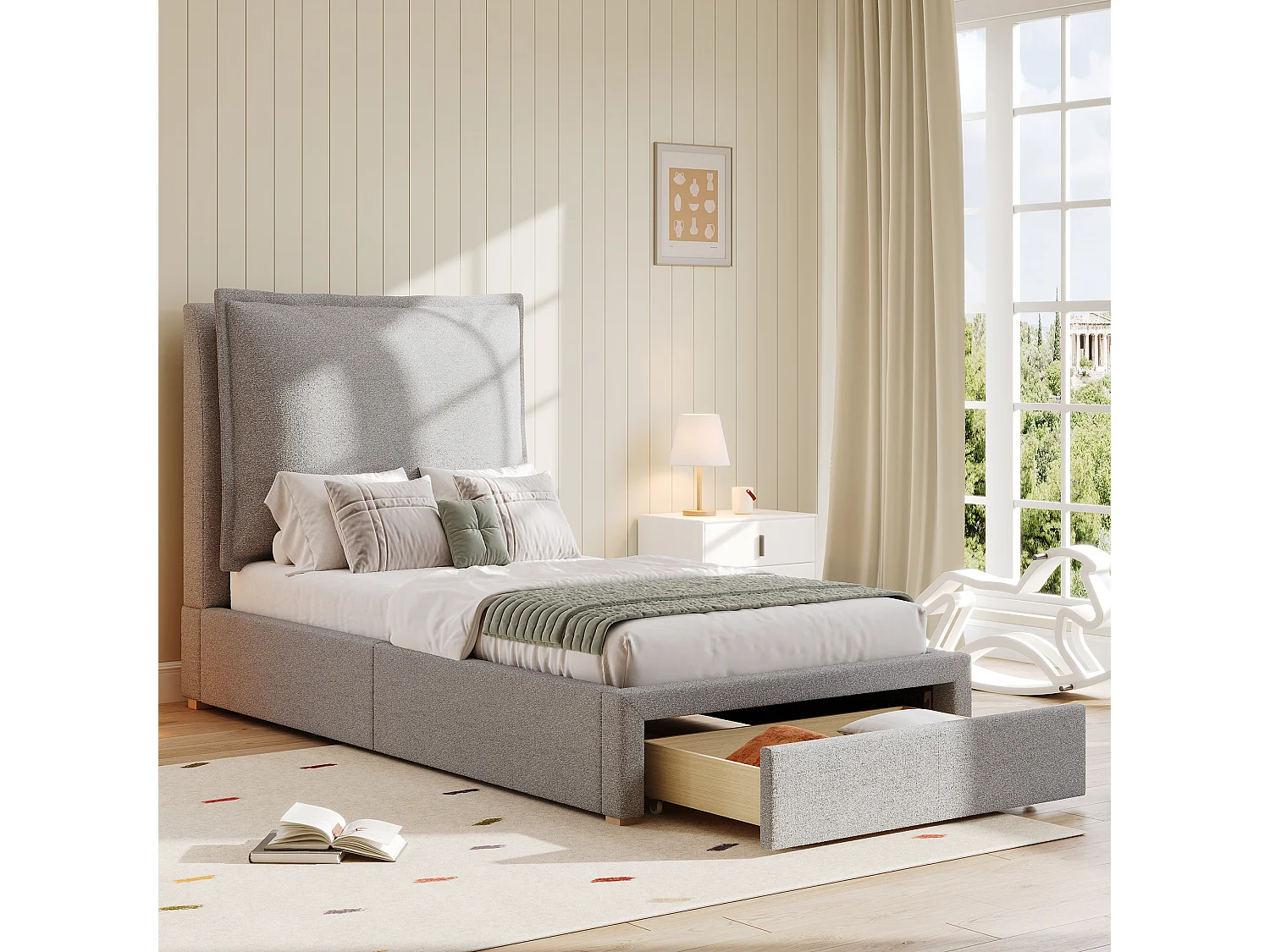 Kinderbett 90 x 200 cm, Einzelbett mit Kopfteil und Lattenrost, 1 Schublade – grauer Chenillebezug (ohne Matratze)