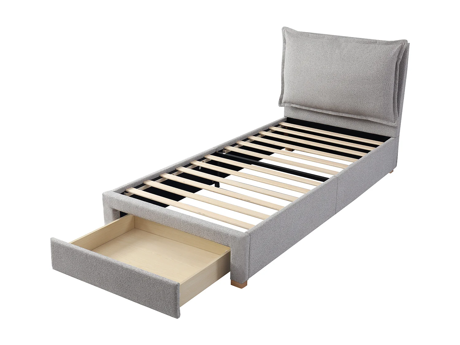 Kinderbett 90 x 200 cm, Einzelbett mit Kopfteil und Lattenrost, 1 Schublade – grauer Chenillebezug (ohne Matratze)