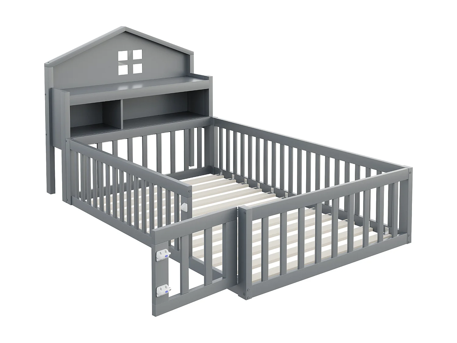 Lit enfant 90x200 cm Lit ado avec étagère de rangement et sommier à lattes en bois - gris (sans matelas)