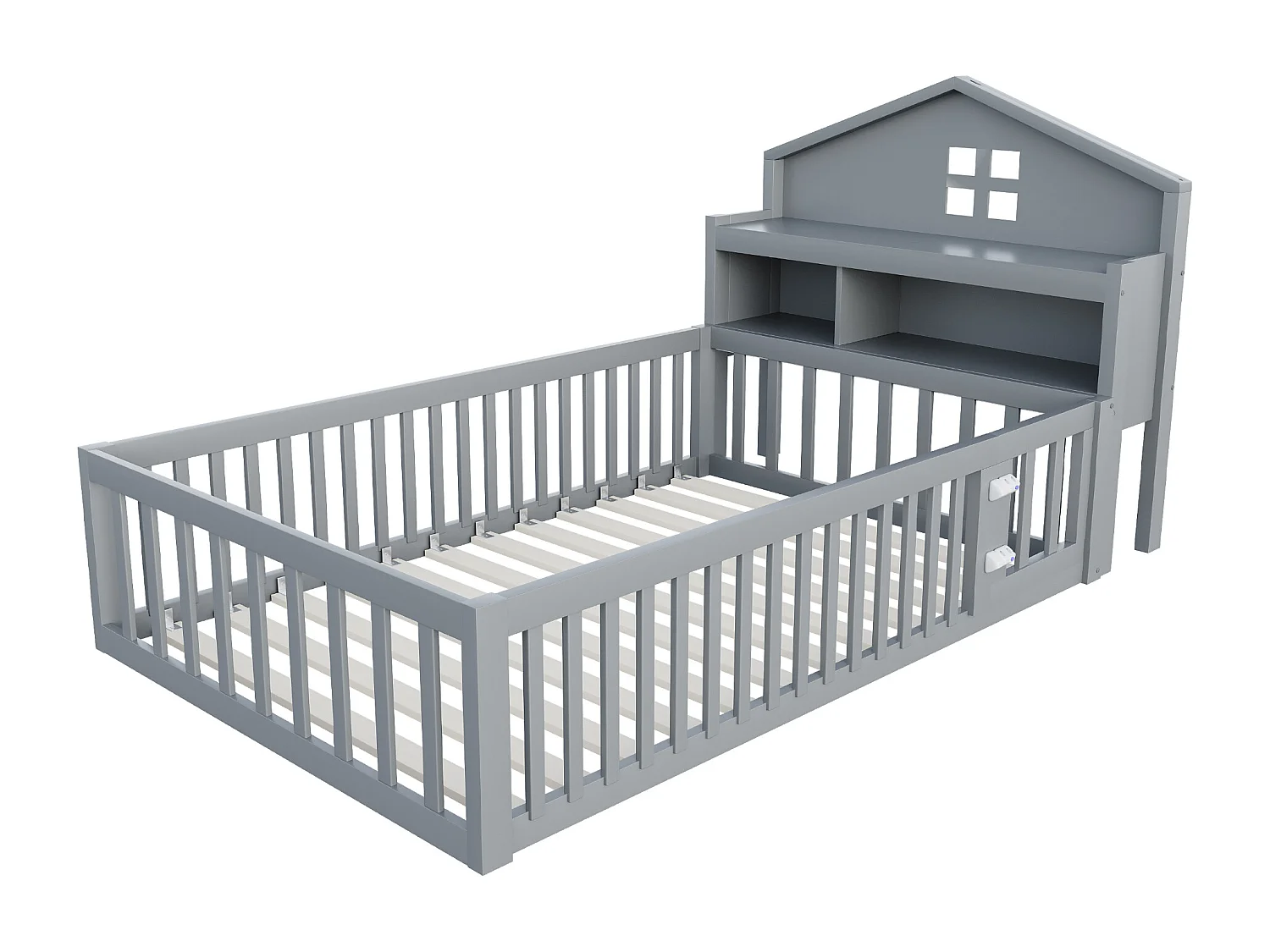 Lit enfant 90x200 cm Lit ado avec étagère de rangement et sommier à lattes en bois - gris (sans matelas)