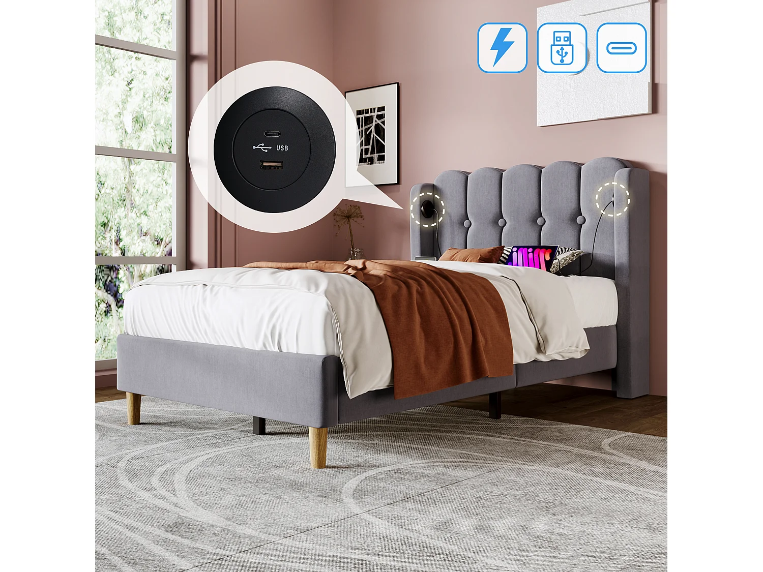 Lit enfant 90x200 cm - avec tête de lit, USB / Type-C, sommier à lattes - en lin - gris - matelas inclus