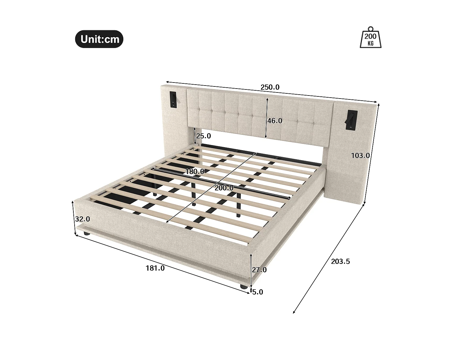 Lit adulte 180x200 cm Lit double avec bandeau LED et liseuse, prise USB - Lin beige (sans matelas)