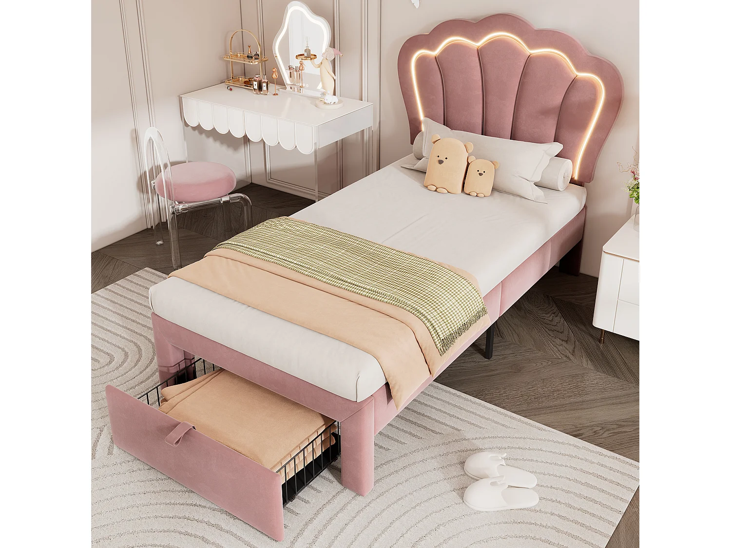 Kinderbed 90x190 cm, eenpersoonsbed met verstelbaar hoofdeinde en 1 lade, ledverlichting - roze fluweel (zonder matras)