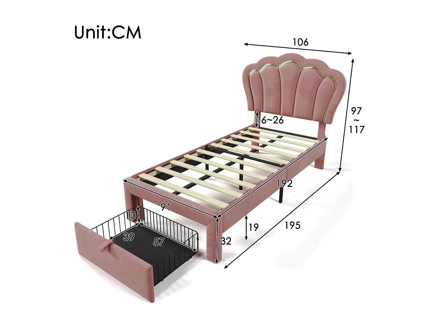 Kinderbed 90x190 cm, eenpersoonsbed met verstelbaar hoofdeinde en 1 lade, ledverlichting - roze fluweel (zonder matras)
