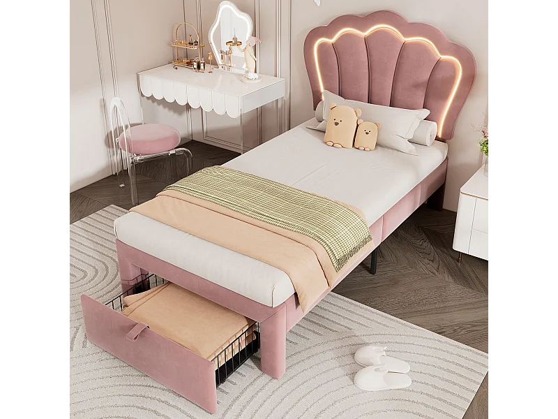 Kinderbed 90x190 cm, eenpersoonsbed met verstelbaar hoofdeinde en 1 lade, ledverlichting - roze fluweel (zonder matras)