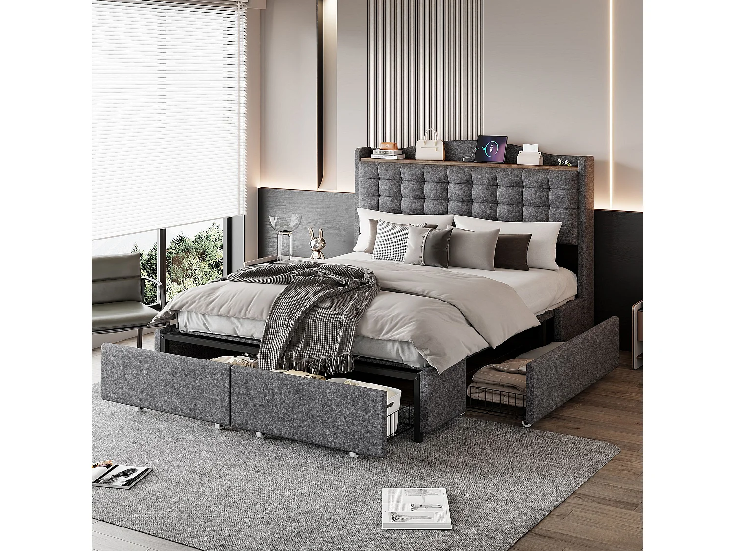 Lit adulte 140 x 200 cm - avec tête de lit, USB, 4 tiroirs - en lin - gris - sans matelas