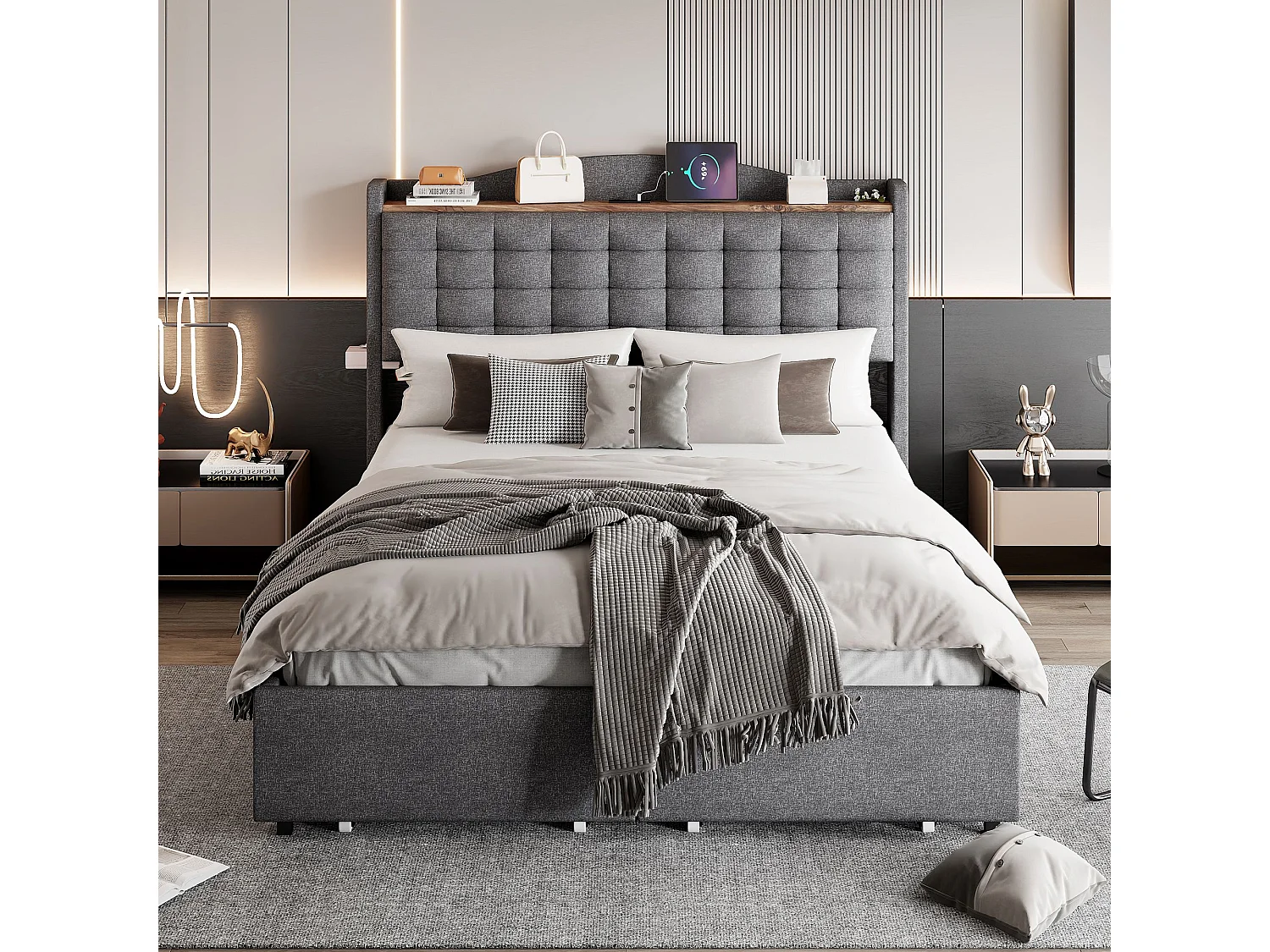 Lit adulte 140 x 200 cm - avec tête de lit, USB, 4 tiroirs - en lin - gris - sans matelas