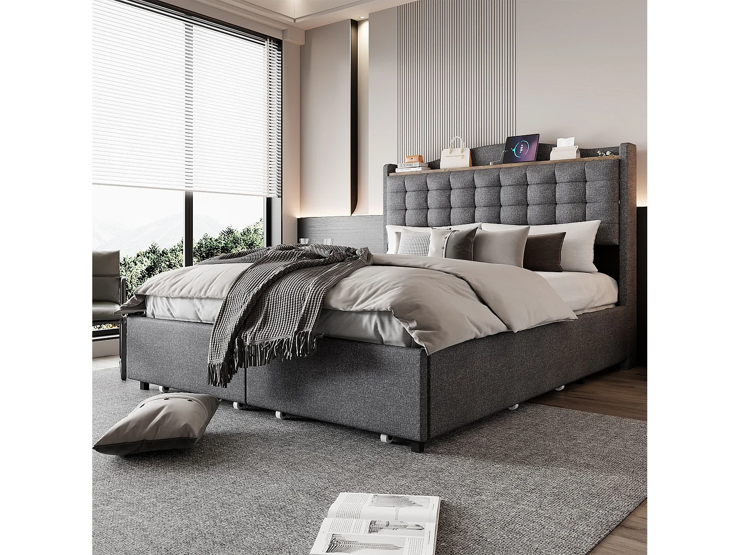 Lit adulte 140 x 200 cm - avec tête de lit, USB, 4 tiroirs - en lin - gris - sans matelas