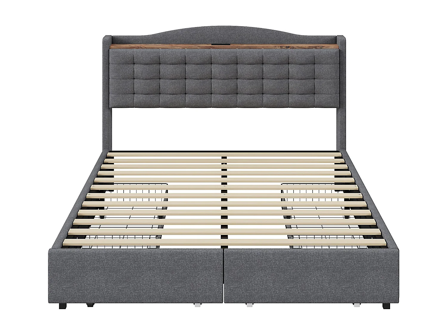 Lit adulte 140 x 200 cm - avec tête de lit, USB, 4 tiroirs - en lin - gris - sans matelas