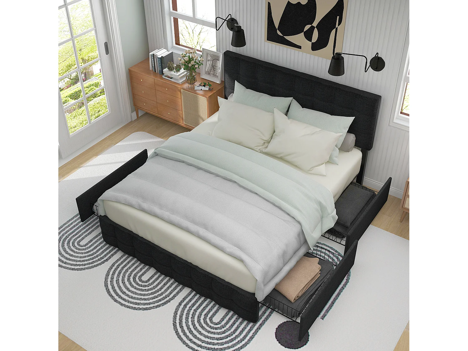 Łóżko dla dorosłych 140x200 cm z regulowanym zagłówkiem i 4 szufladami, metalowy stelaż z listew - czarny len (bez materaca)