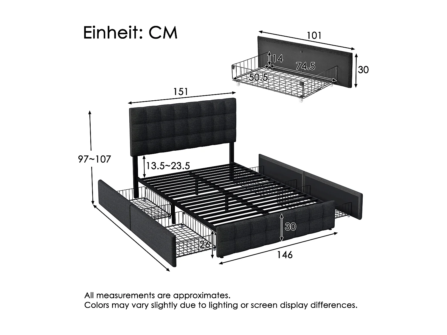 Łóżko dla dorosłych 140x200 cm z regulowanym zagłówkiem i 4 szufladami, metalowy stelaż z listew - czarny len (bez materaca)