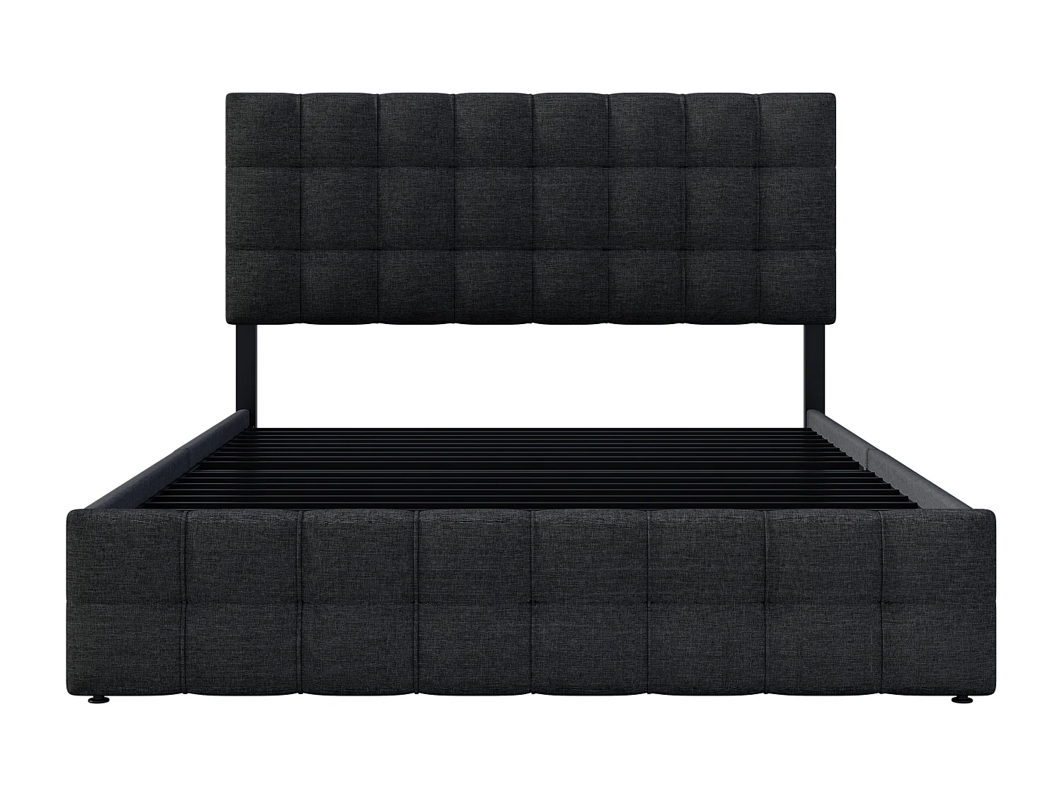Łóżko dla dorosłych 140x200 cm z regulowanym zagłówkiem i 4 szufladami, metalowy stelaż z listew - czarny len (bez materaca)