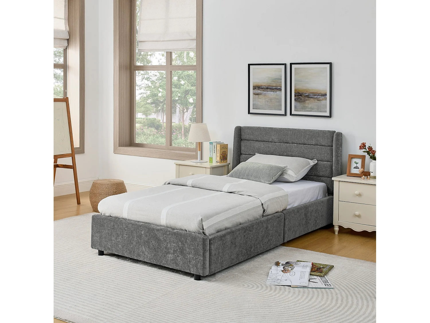 Łóżko dziecięce 90x200 cm Łóżko młodzieżowe z 2 szufladami i stelażem - ciemnoszary szenil (bez materaca)
