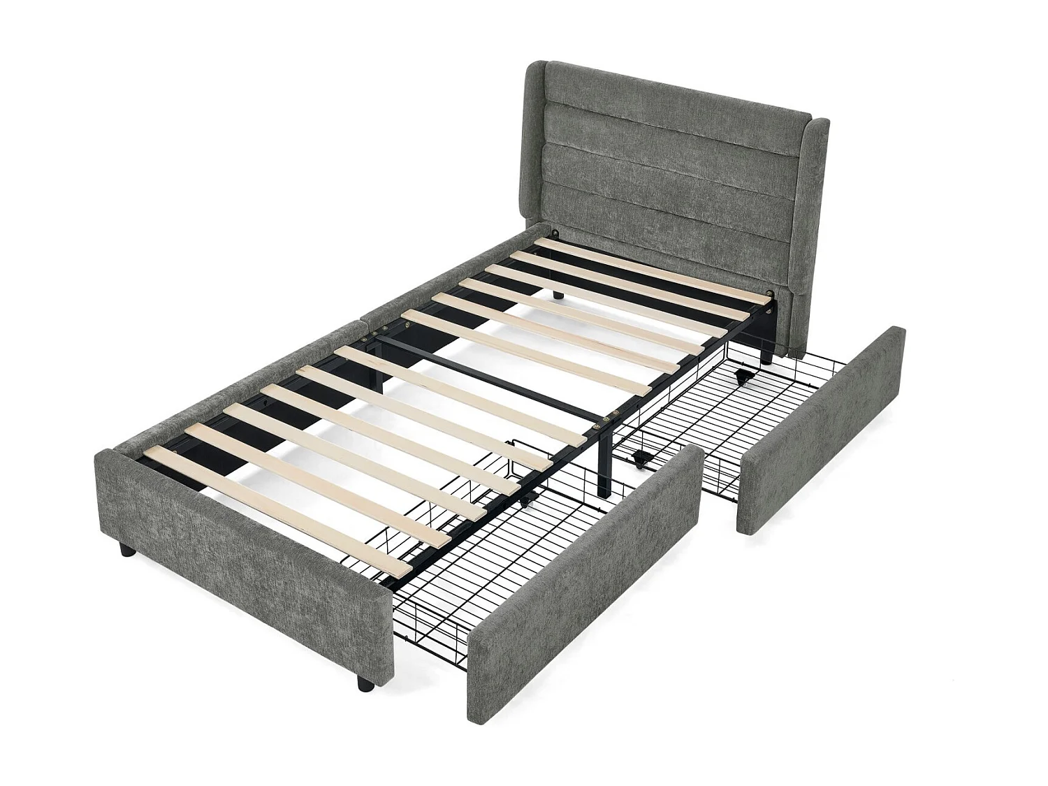 Łóżko dziecięce 90x200 cm Łóżko młodzieżowe z 2 szufladami i stelażem - ciemnoszary szenil (bez materaca)