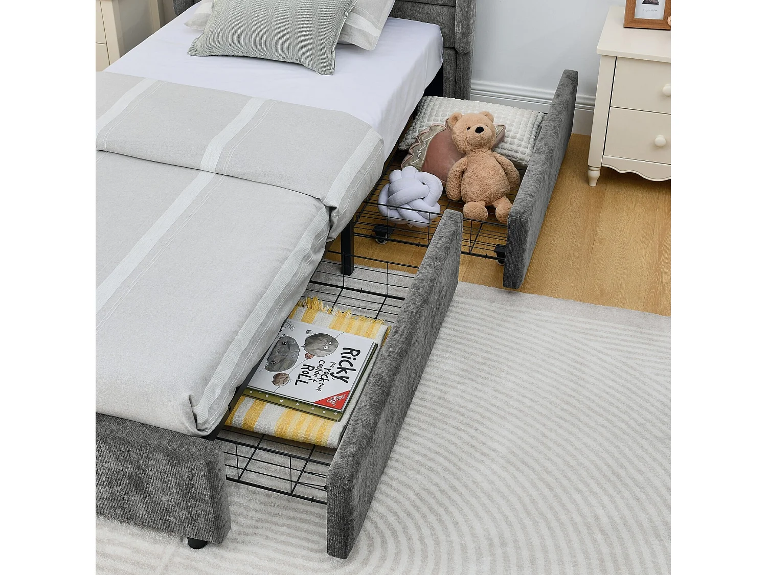 Łóżko dziecięce 90x200 cm Łóżko młodzieżowe z 2 szufladami i stelażem - ciemnoszary szenil (bez materaca)