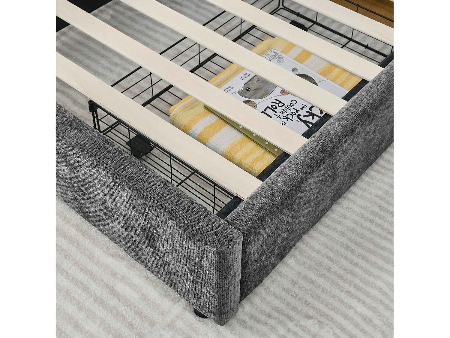 Łóżko dziecięce 90x200 cm Łóżko młodzieżowe z 2 szufladami i stelażem - ciemnoszary szenil (bez materaca)