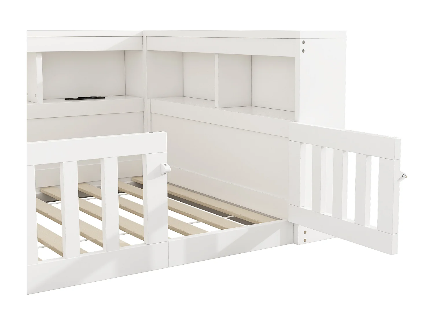 Kinderbett 90 x 200 cm, Einzelbett mit USB-Anschluss und Steckdosen, Ablagefach – weiß (ohne Matratze)