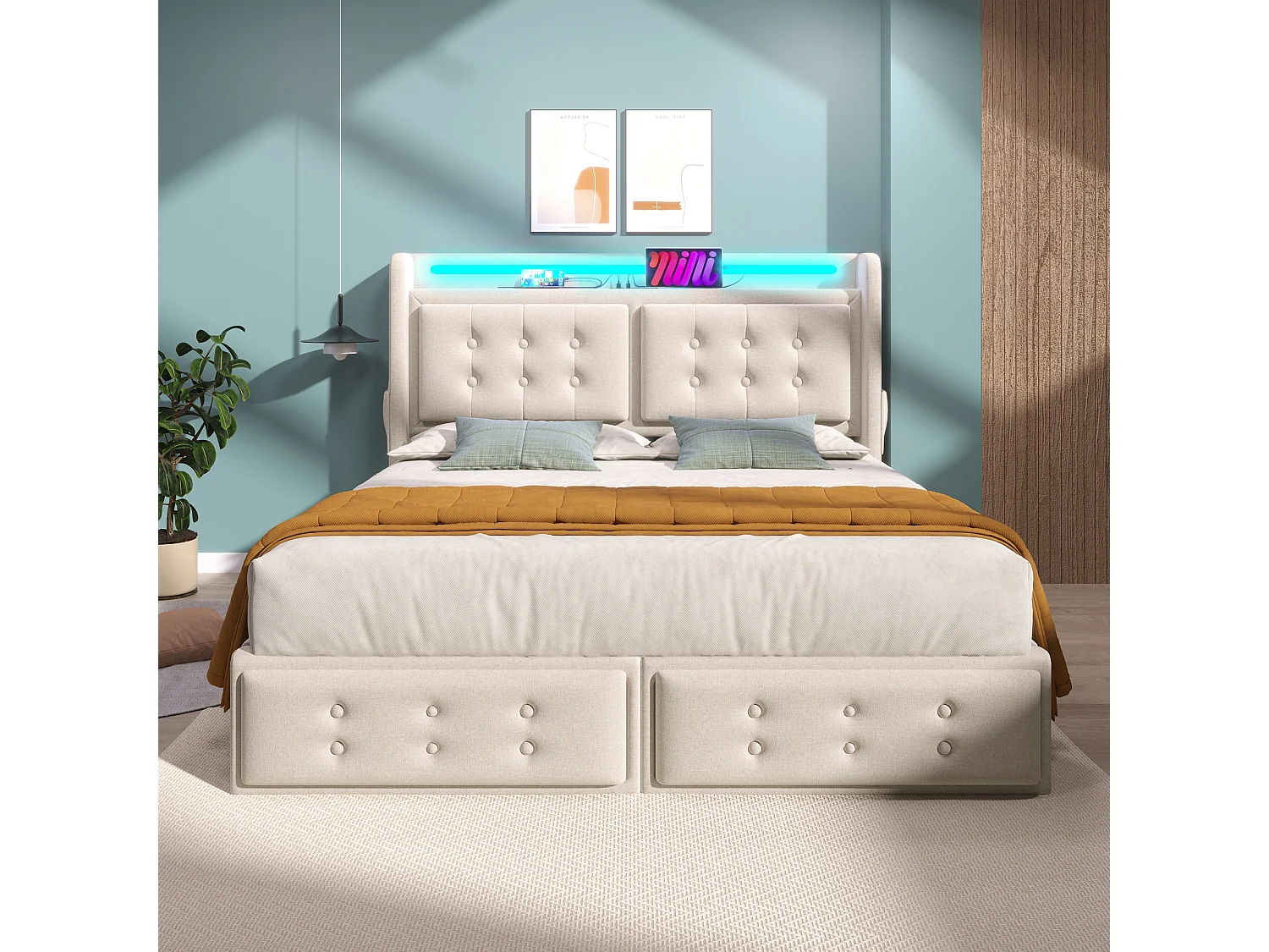 Cama para adultos de 160 x 200 cm Cama doble con LED y USB, 4 cajones - Algodón beige (sin colchón)
