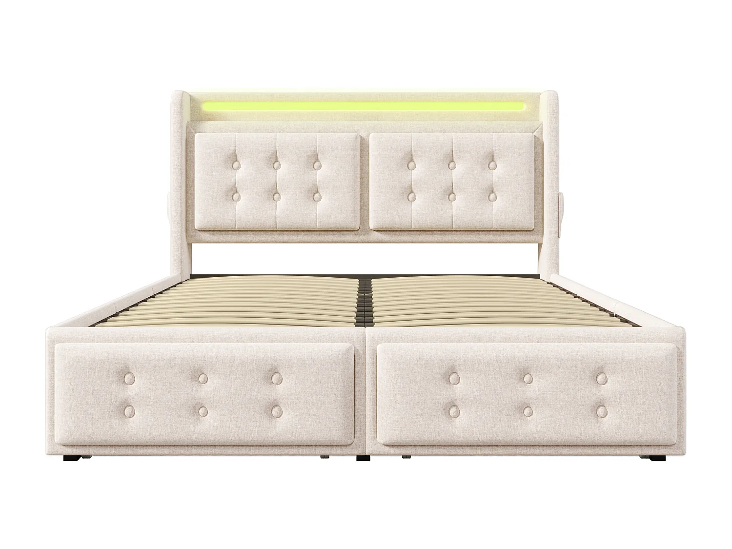 Lit adulte 160x200 cm Lit double avec LED et USB, 4 tiroirs de rangement - Coton beige (sans matelas)