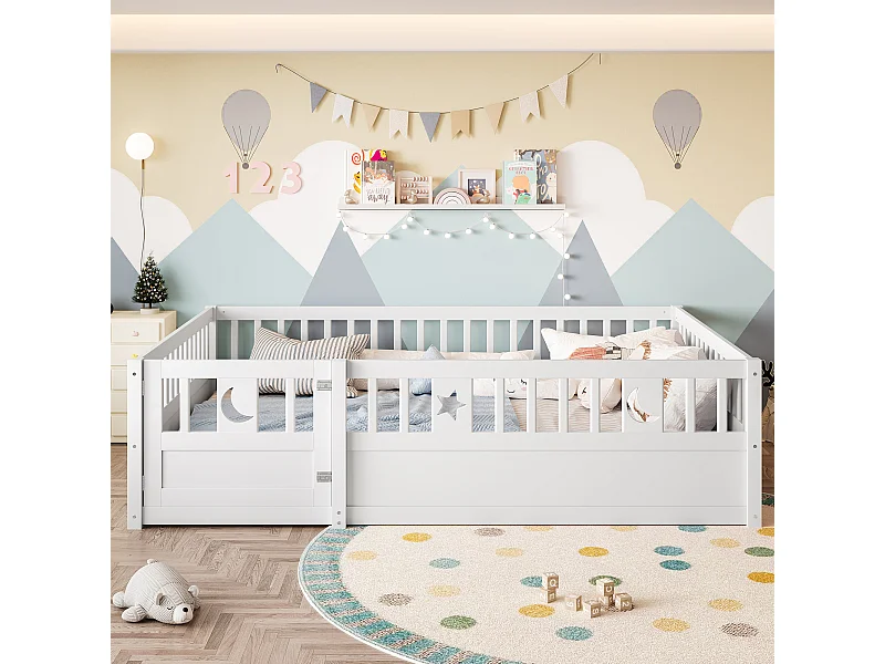 Lit enfant 140x190 cm avec 1 porte et barrières de sécurité - Blanc (sans sommier à lattes)