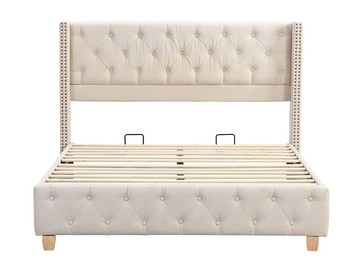 Lit adulte 140x190 cm - avec tête de lit, sommier à lattes - en lin - beige - sans matelas