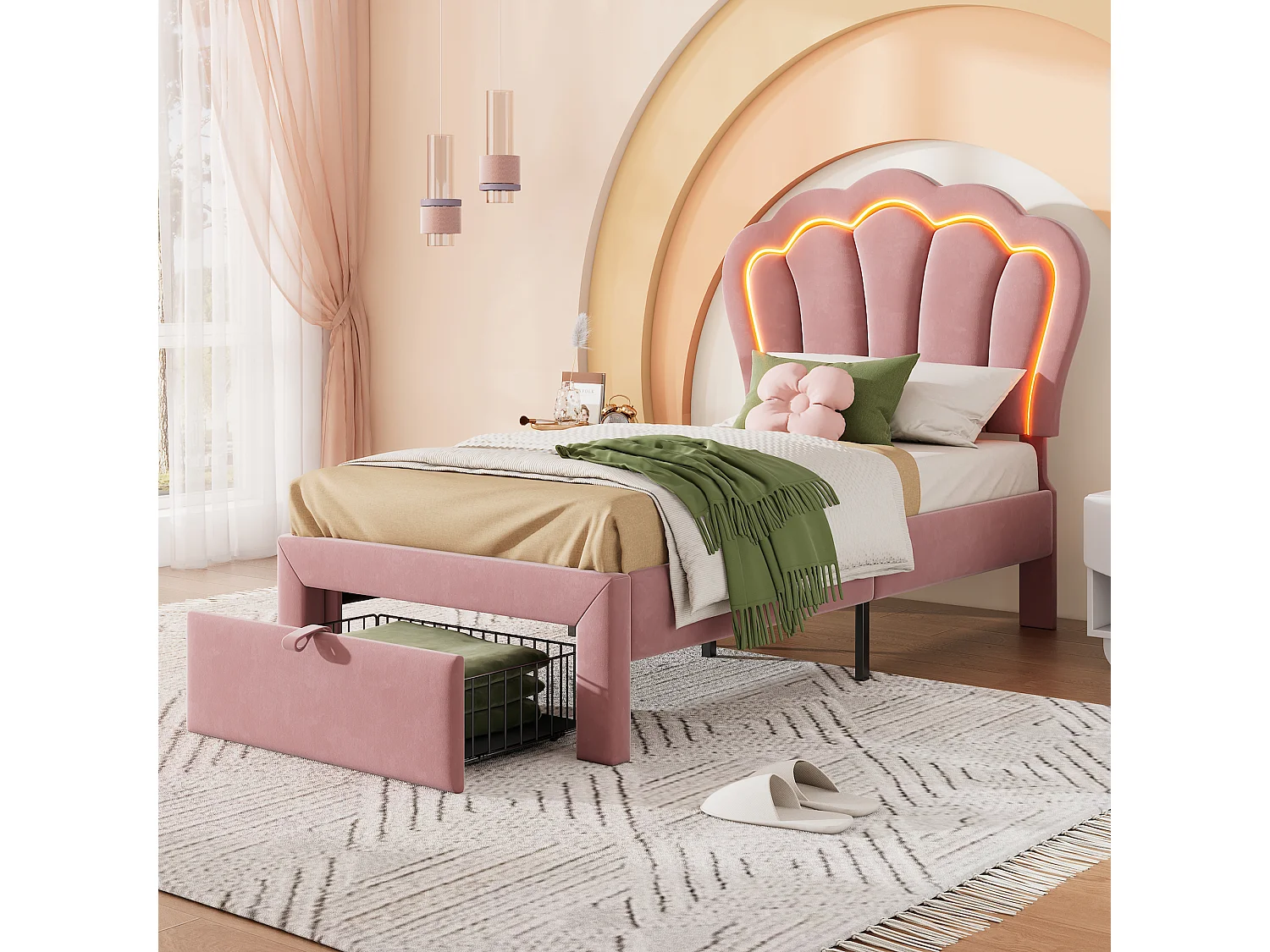 Cama infantil de 90x200 cm, cama individual con cabecero ajustable y 1 cajón, iluminación LED - terciopelo rosa (sin colchón)