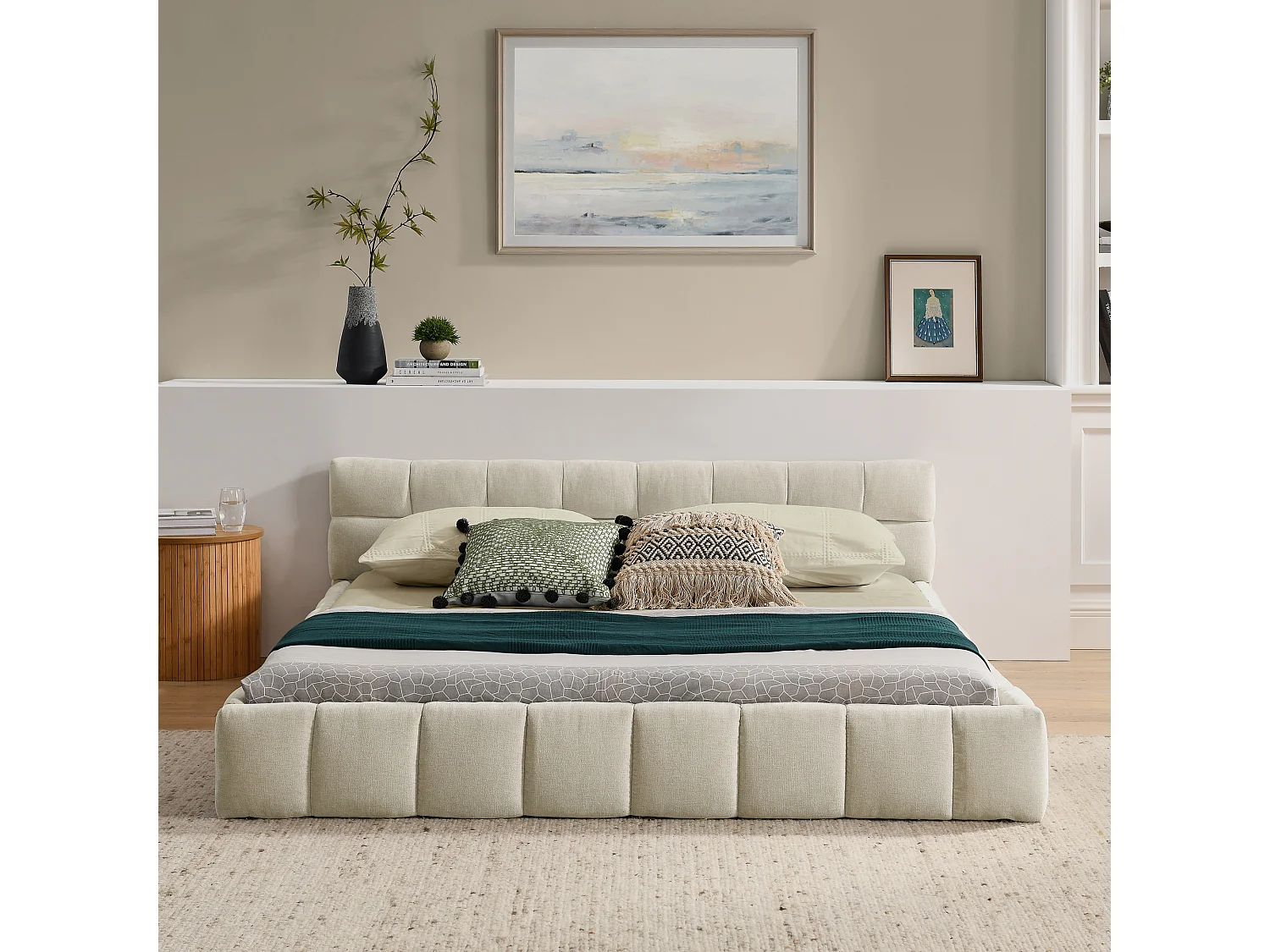 Volwassen bed 140x200 cm Tweepersoonsbed met hoofdbord en lattenbodem - beige chenille (zonder matras)