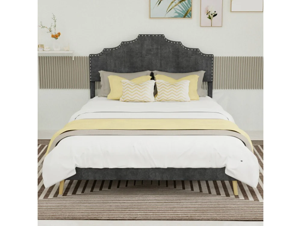 Cama de adulto de 140x200 cm, cama doble con cabecero tapizado y somier de láminas - terciopelo - gris (sin colchón)