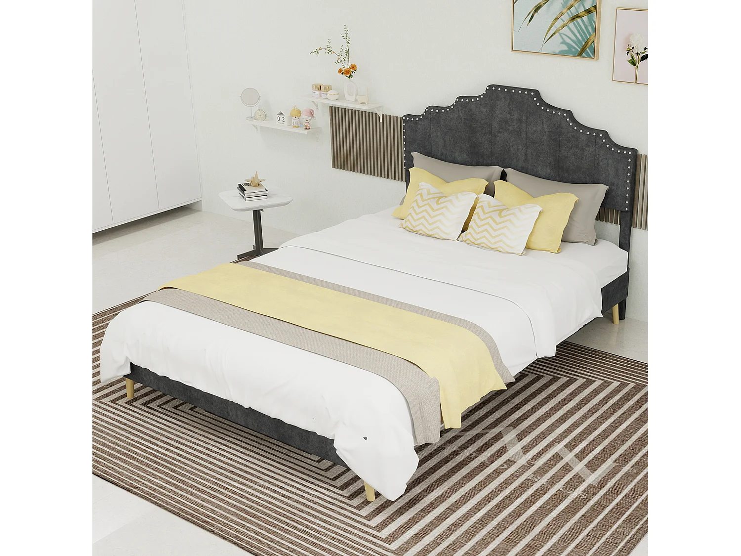 Cama de adulto de 140x200 cm, cama doble con cabecero tapizado y somier de láminas - terciopelo - gris (sin colchón)