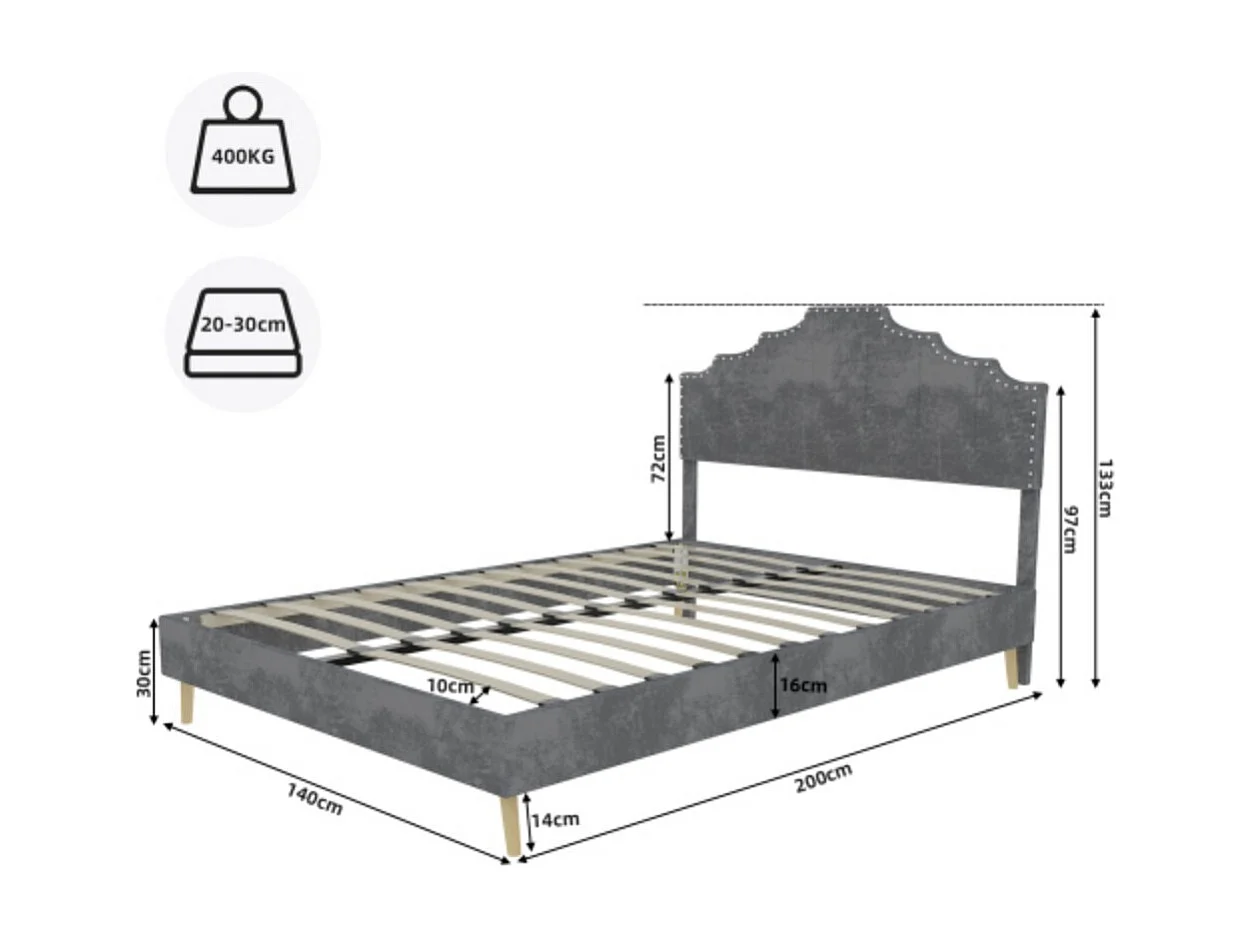 Cama de adulto de 140x200 cm, cama doble con cabecero tapizado y somier de láminas - terciopelo - gris (sin colchón)