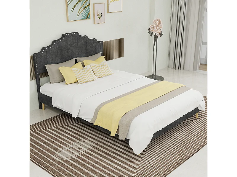 Volwassen bed 140x200 cm, tweepersoonsbed met gestoffeerd hoofdbord en lattenbodem - fluweel - grijs (zonder matras)