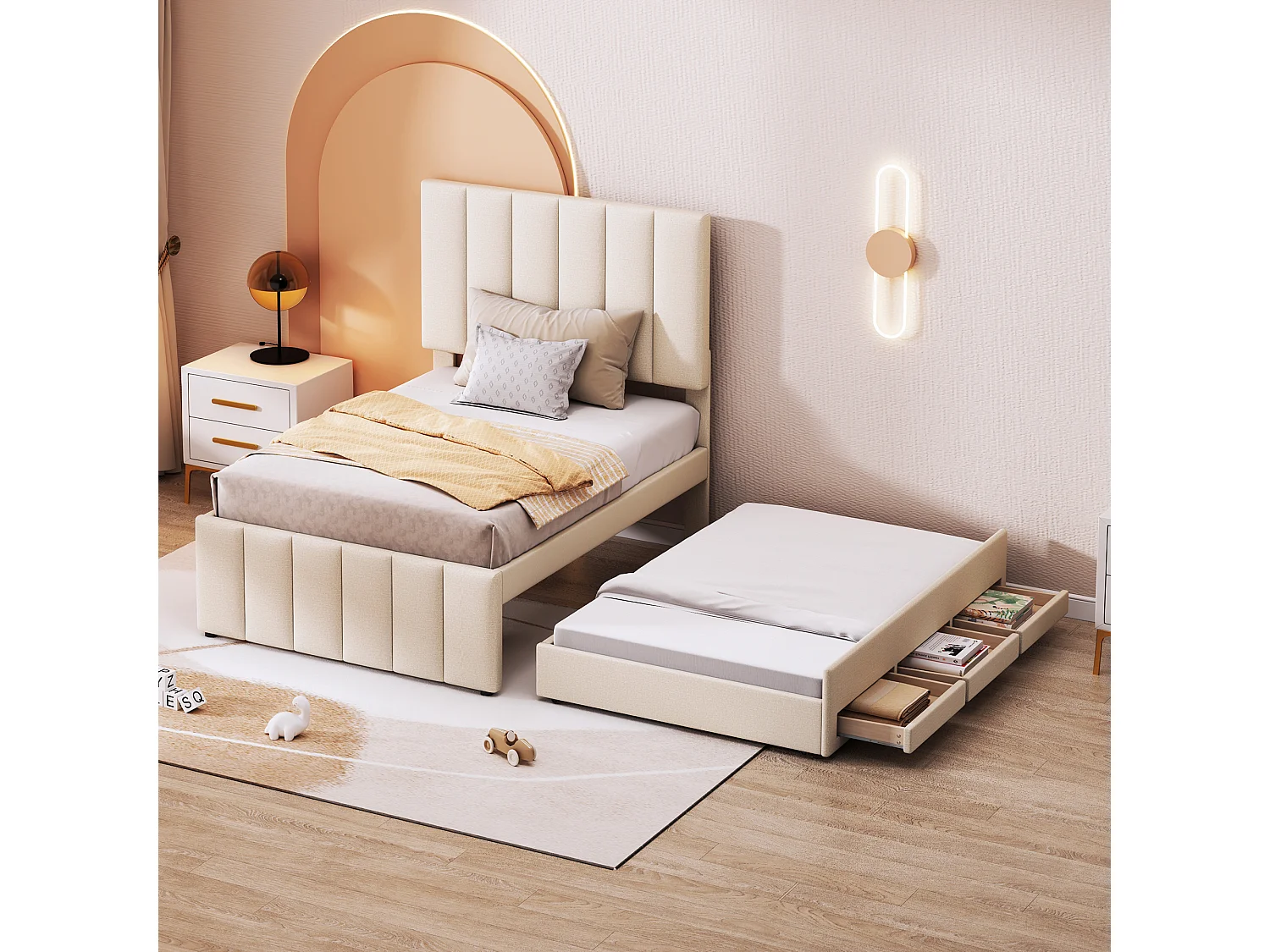 Lit gigogne 90 x 200 cm - en tissu - beige - sans matelas